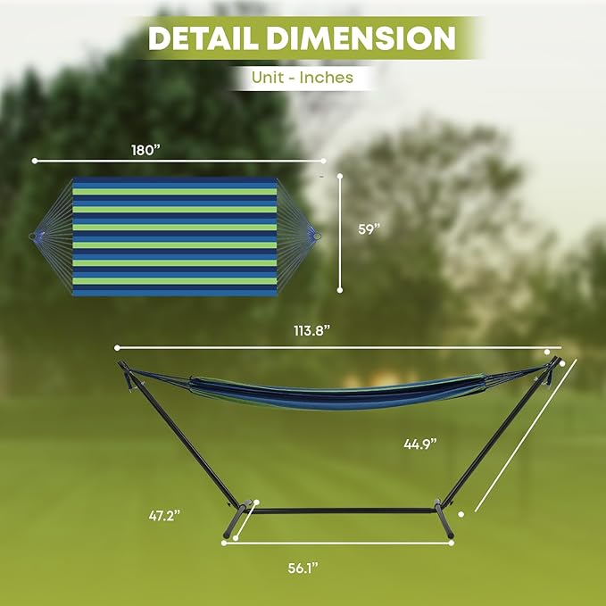 Double Hammock with Space Saving Steel Stand(450 lb Capacity - Premium Carry Bag Included)Portable Hammock with Heavy Duty Steel Stand for BackyardCamping or GardenBlue