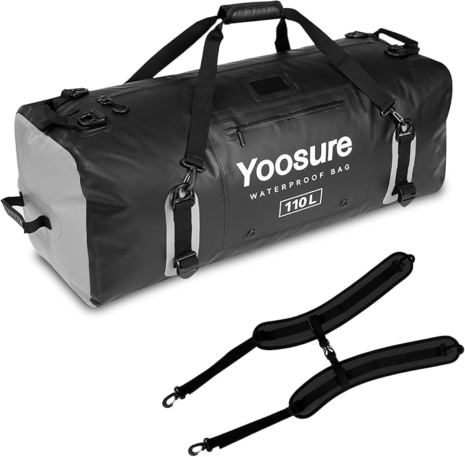 110L Waterproof Duffel Bag 35IN - Airtight Zipper Dry Bags Extra Large Dry Bag with Straps&ampHandles for Camping Boating Kayaking Rafting Canoeing Gym Beach Car Roof Storage (Black)