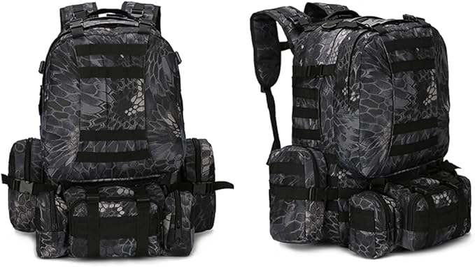 Tactical Backpack Military Army Rucksack 60L Large Assault Pack Detachable Molle Bag (Python Pattern Black)