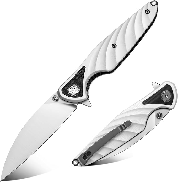 FINTISO Pocket Knife 3.15 Folding Knife Premium 14C28N Blade Bicolour White and Black G10 Handle Design with Liner Lock Pocket Clip for Men Women Small EDC Knife for Camping Hunting Hiking Survi