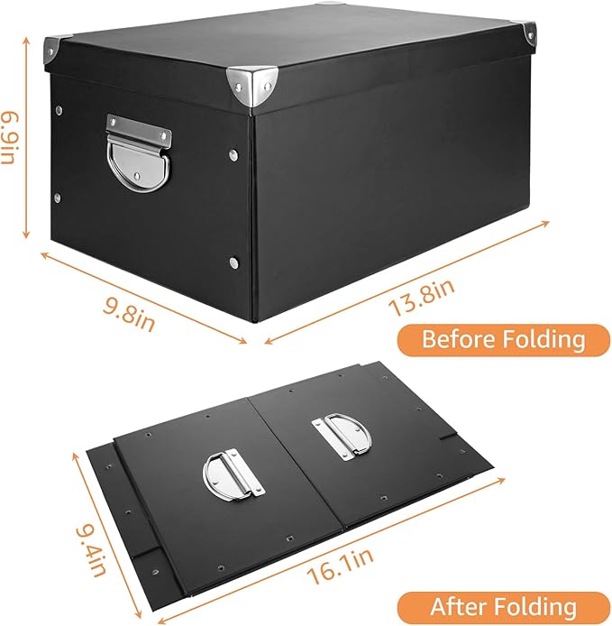 CertBuy 2 Pack Storage Box With Lid Folding Storage Box Black Decorative Cardboard Storage Boxes With Stainless Steel Carry Handle for ome Bedroom Closet Office