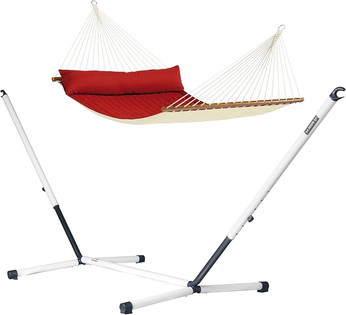 LA SIESTA® Alabama Quilted Hammock with Spreader Bar &amp Nautico Stand - Portable Weatherproof Large Outdoor Hammock with Stand 2 Person Hammock with Stand for Outside Patio Porch - XL King Red Pe