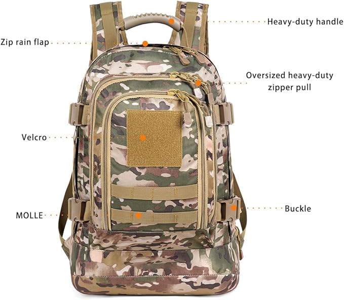 Tactical Military Backpack for Men 45L Gym Backpacks Outdoor Bag Large MOLLE Daypack for Rucking Hiking Fishing Camping (BCP)
