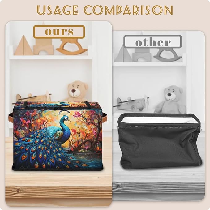 Animal Peacock Storage Bins with Zipper Lid 2pcs Stackable Storage Baskets Boxes with Metal Frame Closet Storage Cube Bin Organizer with PU Handles Clothes Storage Bag