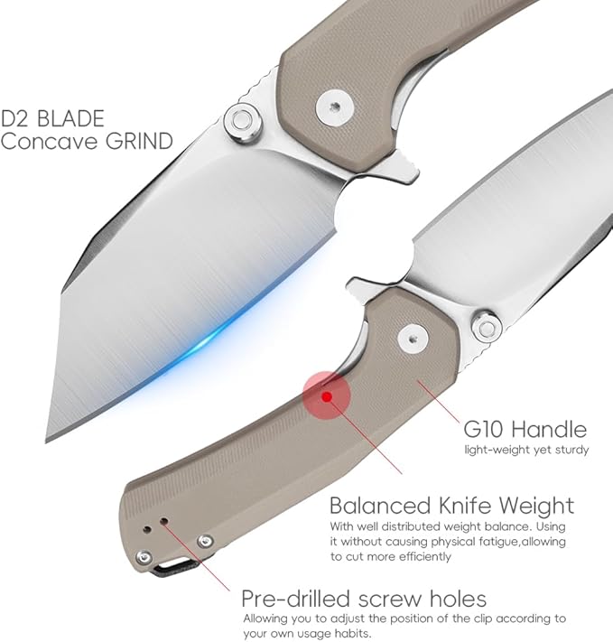 ioko Folding Pocket Knife 3.5-Inch D2 Steel Blade G10 Handle EDC Camping Survival Knife with Clip (Brown)