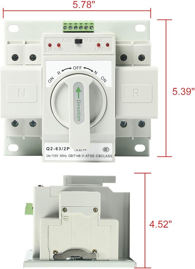 Automatic Transfer Switches 2P 63A 110V Dual Power Toggle Controller Change-Over Switch ATS for Emergency Generator Backup MCB type Generator Changeover Switch