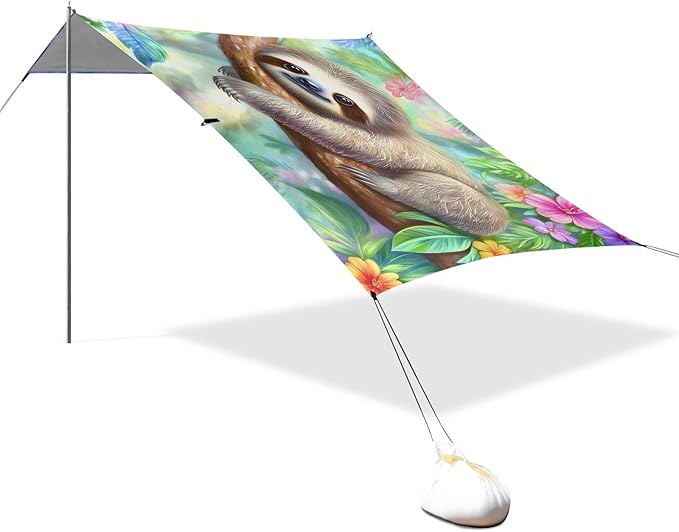 ALAZA Cute Sloth Animal Beach Tent Sun Shelter UPF50+ Protection Beach Shade Canopy w/ 4 Sandbags for Outdoor Camping Fishing Backyard Fun Picnic 10x9 ft