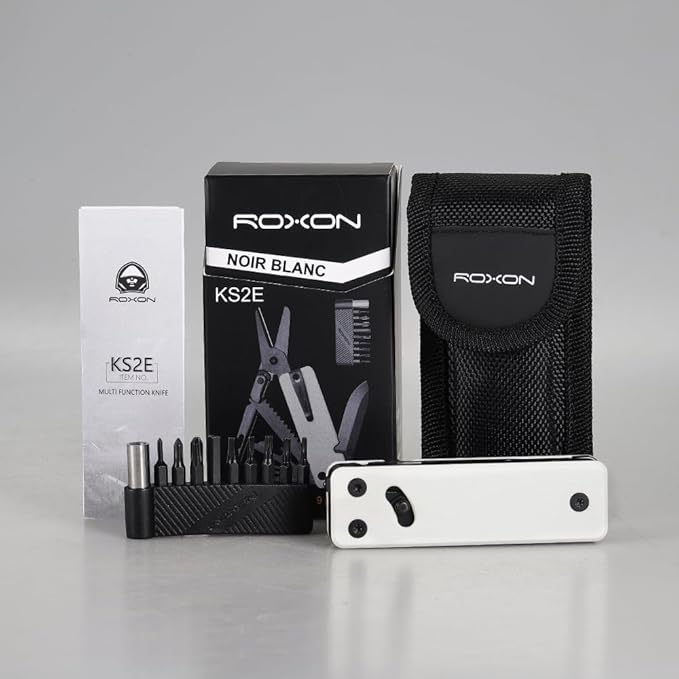 Roxon KS2 Elite Noir Blanc D2 Blade 13 in 1 Mini Multi Tool function pocket knife with big scissor G10 handle and Pocket clip good for Camping/Backpacking/Emergencies/EDC Multitool (D2 Steel Blade)