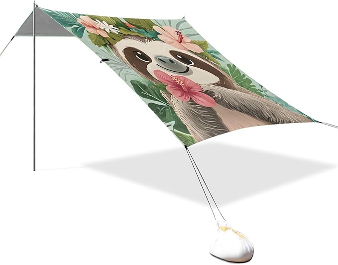 ALAZA Cute Sloth Tropical Plants Beach Tent Sun Shelter Portable Canopy Sunshade for Outdoor Camping Picnics Backyard Fun 10x9 ft