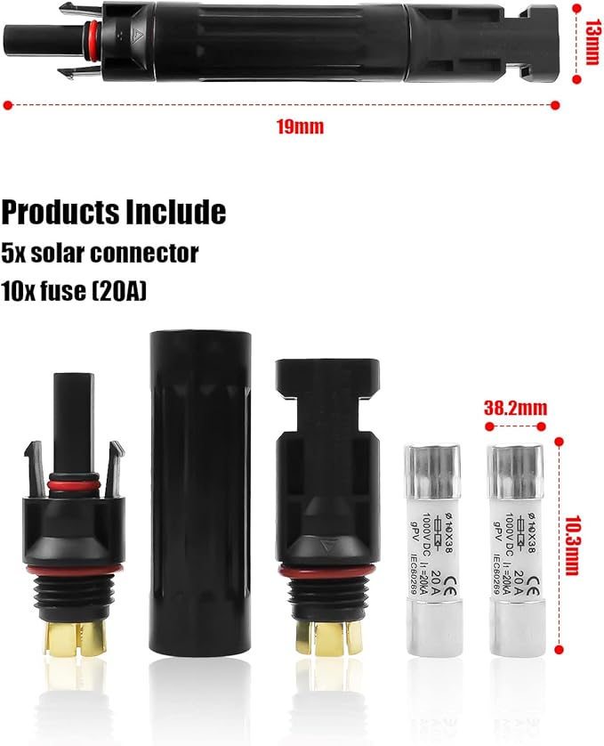 TIKSCIENCE 20A Solar Fuse Holder Inline IP67 Waterproof 1000V DC – Compatible with All MC4 Connectors for Solar Panels &amp Controllers 5-Pack with Male/Female Ends