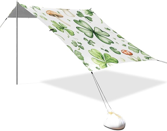 xigua St. Patrick's Day Clover Beach Tent Sun Shelter with Carrying Bag - Silver Coated Oxford Fabric Beach Canopy for Beach Camping Fishing - Includes Windproof Ropes Sandbags &amp Stakes