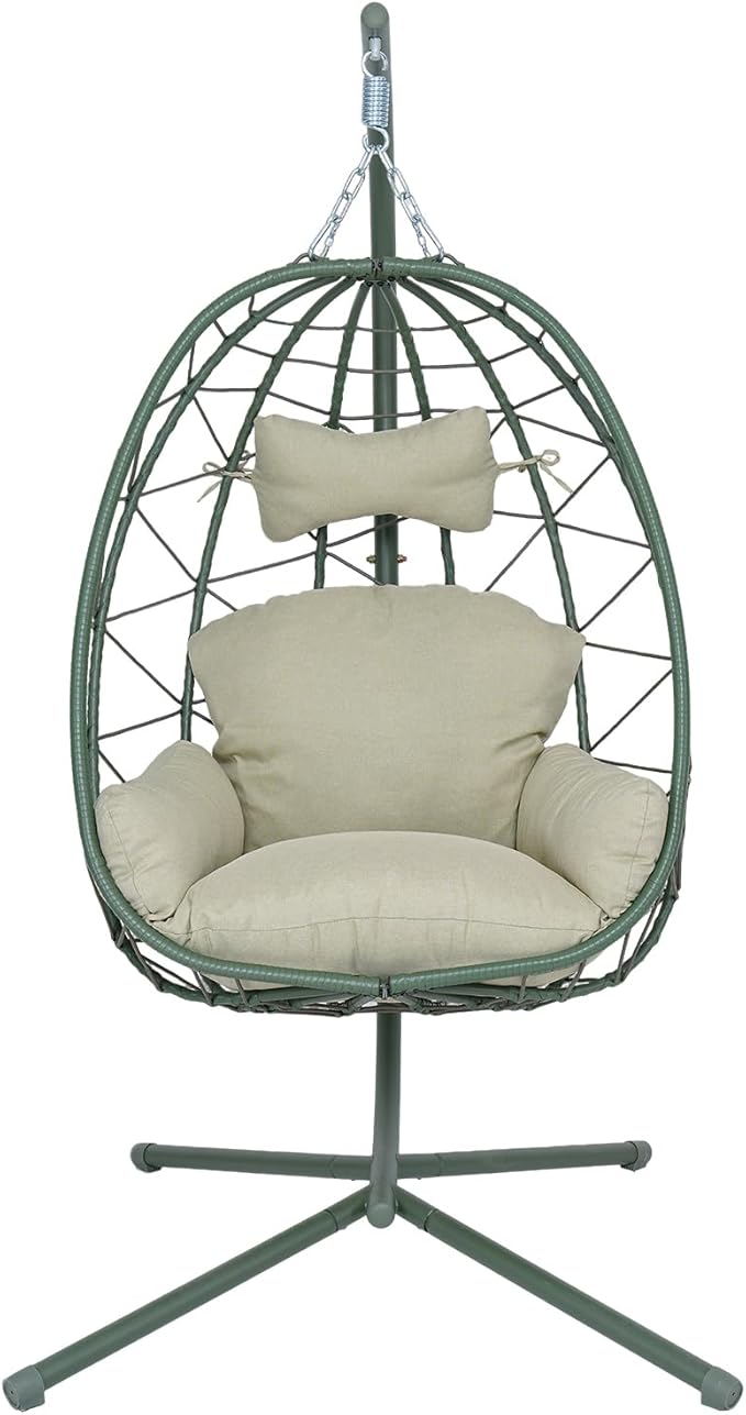 Hanging Egg Chair with Stand Outdoor Indoor Patio Rattan Swing Hammock Chairs with Washable Cushion PE Wicker Swing Chair for Backyard Bedroom Garden (Dark Green + Cyan Cushion No Footrest)