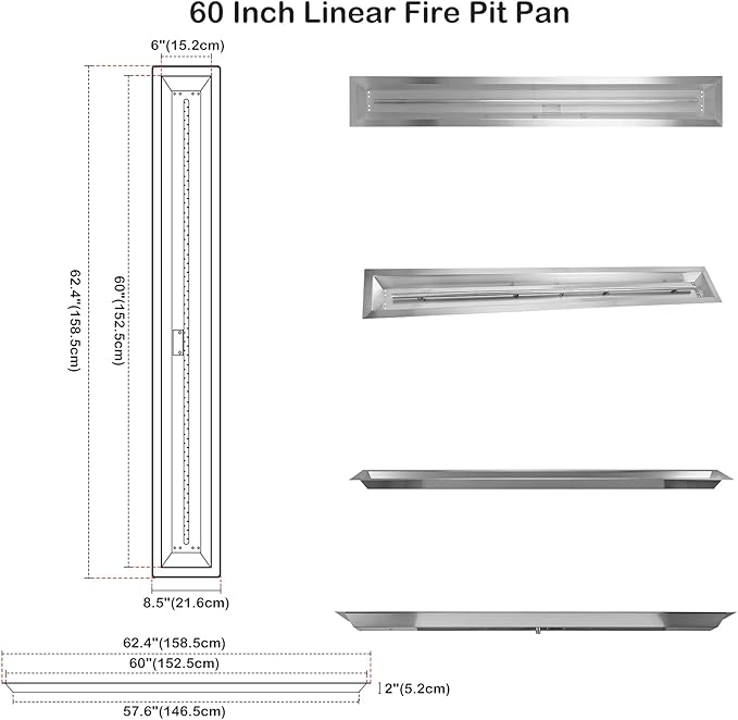 Stanbroil 60 by 6-Inch Linear Trough Drop-in Fire Pit Pan and Burner 304 Stainless Steel Large Fire Pit for Natural Gas &amp Propane BTU 108000 Max
