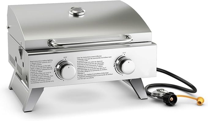 Giantex Portable Gas Grill with 2 Burner Max. 20000 BTU total Folding Legs Built-in Thermometer Travel Locks Stainless Steel Tabletop Propane Gas Grill for Camping Picnic Cookout RV BBQ