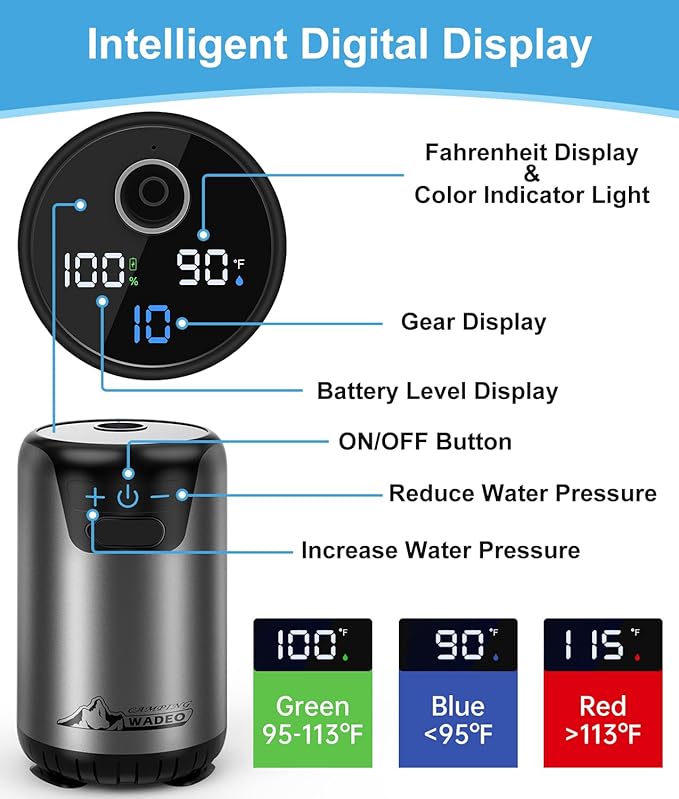 WADEO Portable Shower 6000mAh Rechargeable Camping Shower Pump with 10 Spray Modes Fahrenheit Display IPX7 Waterproof Ideal for Outdoor Camping Travel Car Washing Pet Bathing (Silver Gray)