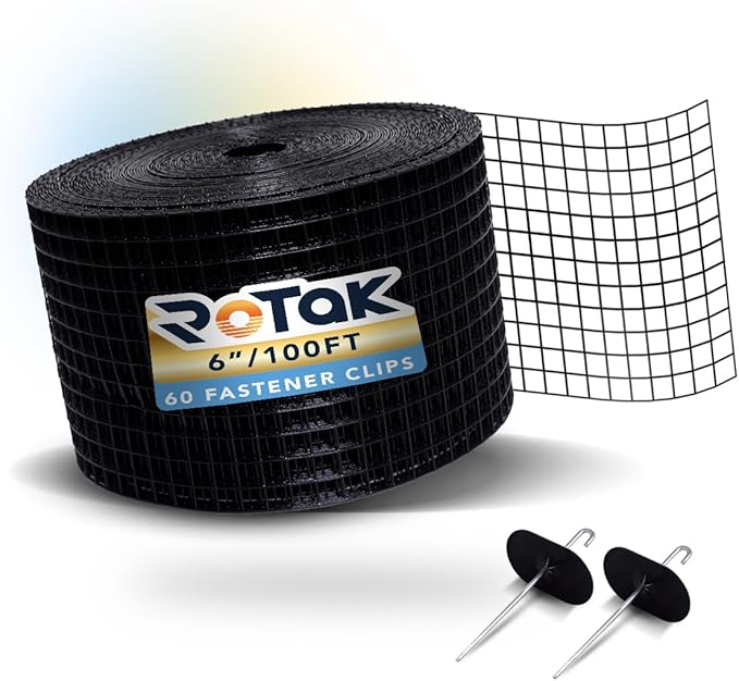 ROTAK Critter Guard - 6in x 100ft Solar Panel Bird Guard with Fastener Clips - Galvanized Black PVC Coated ½ inch Wire Roll Mesh (6 x 100' with 60 Fastener Clips)