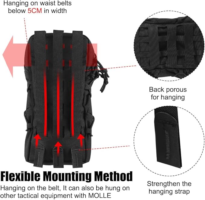 Tactical Pocket 3-Pocket Division Hydration Pouch Bag Lightweight Backpack Attachment Pouches with Elastic Rope for Tactical Organization