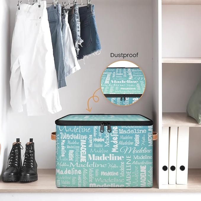 Custom Storage Basket with Name Personalized Keepsake Box with Zipper Lid Foldable Fabric Memory Bin Large capacity with Handle Grey Blue Green