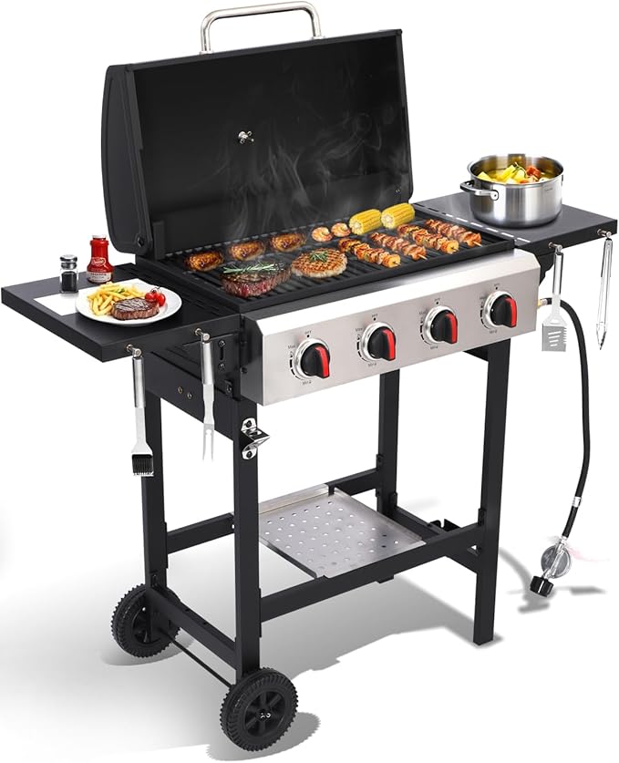 4 Burner Gas Grills Outdoor Cooking Propane Gas Grill BBQ Grill Portable Barbecue Grills with Cast Iron Grate Pan and Folding Side Table 40000 BTU Output Easy-Clean