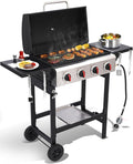 4 Burner Gas Grills Outdoor Cooking Propane Gas Grill BBQ Grill Portable Barbecue Grills with Cast Iron Grate Pan and Folding Side Table 40000 BTU Output Easy-Clean