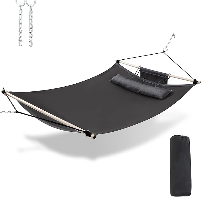 TegerDeger Anti-flip 12FT Hammock Large Hammock 450LB Capacity with Iron Spreader Bar &amp Nylon Rope for Outside Patio Garden Backyard Beach - Gray