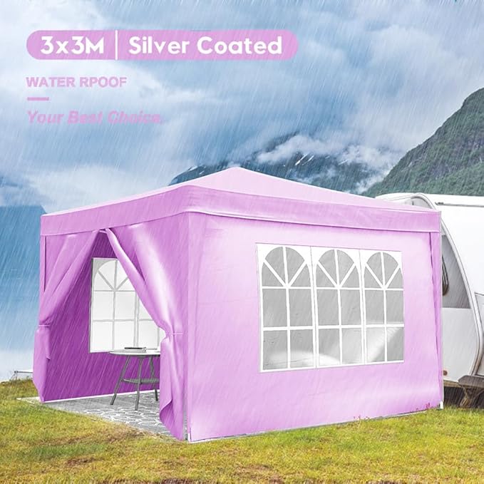 10'x10' Folding Canopy with 4 Removable Sidewalls Outdoor Event Shelter UPF 50+ Gazebo Portable Tents for Parties Beach Camping Wedding EZ Pop Up Canopy Weight Bag + Carry Bag (Pink)