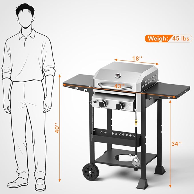 Electactic Propane Gas BBQ Grill 2-Burner Barbecue Grills with Cast Iron Frying Pan and Grates Combo 16000 BTU Output Stainless Steel Grill for Outdoor Cooking Patio Backyard Party