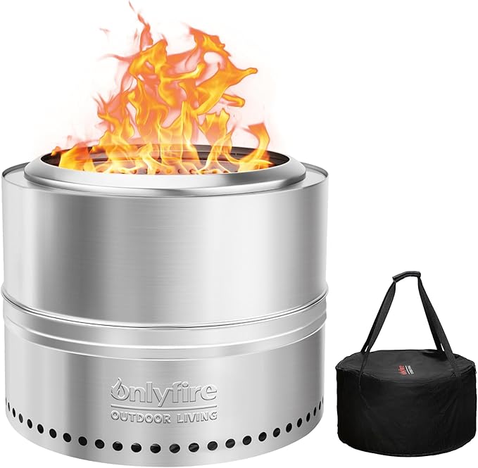ONLYFIRE OUTDOOR LIVING Wood Burning Fire Pit with Carrying Bag 19.5” Detachable Portable Firepit for Camping Tailgating Patio Backyard Bonfire Smokeless Fireplace Stainless Steel FP036