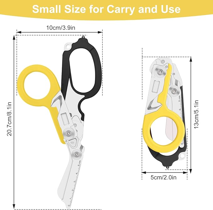 6 in 1 trauma shears folding emergency shear Outdoor Camping Tools Seat Belt Cutter Oxygen Cylinder Wrench Complimentary Adjustable Wrench (Black Yellow)