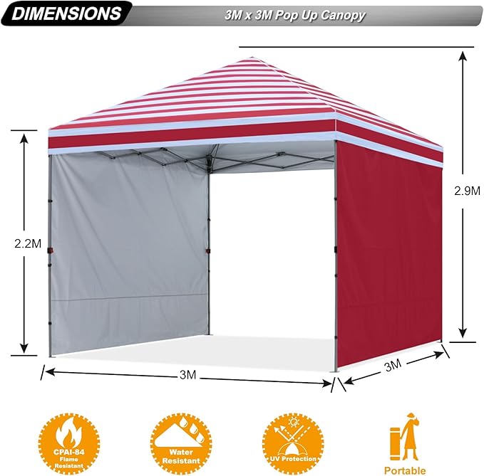 ABCCANOPY Easy Pop up Canopy Tent with 2 Sidewalls for Outdoor Sun Blocking or Rain Protection10x10 Red Stripes