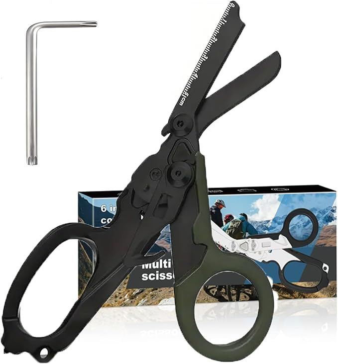 6 in 1 trauma shears folding emergency shear Outdoor Camping Tools Seat Belt Cutter Oxygen Cylinder Wrench Complimentary Adjustable Wrench (Electroplating Black Army Green)