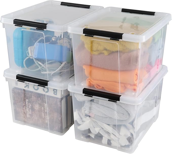 34 L Clear Plastic Storage Bins Box with Lid Stackable Lidded Storage Bin Container with Wheels and Secure Latching Buckles 4 Packs