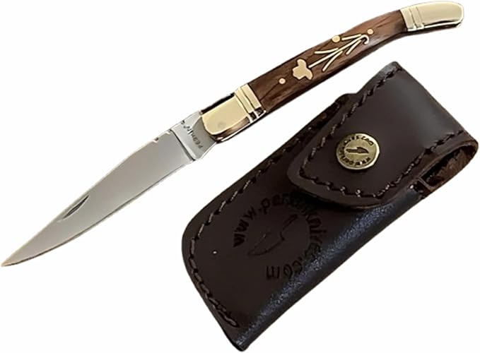 Perkin Handmade Pocket Knife with Leather Sheath - Legal Foldable Pocket Knifes for Men and Women Small EDC Lightweight Folding Knives with Laguiole Type-Gift for Unisex Adult Everyday Carry.