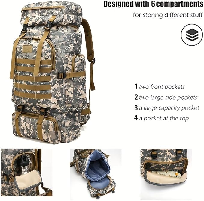JUMAHE Rugged 80L Military Backpack for Men Versatile Waterproof and Breathable Ideal for Camping Hiking and Travel (Grey)