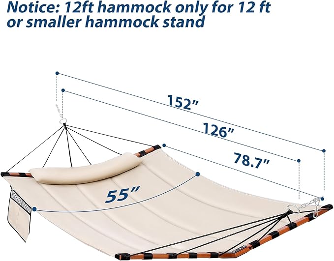 TegerDeger 12FT 2 Person Hammock with V Shaped Hardwood Spreader Bar &amp Nylon Rope for Outside Patio Garden Backyard Beach Poolside 450LB Capacity 55in x 79in - Beige