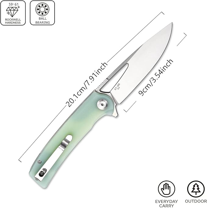 Sitivien ST126 Folding KnifeD2 Satin Blade+G10 HandlesLiner LockDeep Carry Pocket Clip for Outdoor and EDC(Jade)