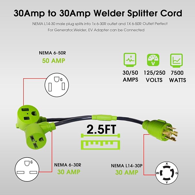 30Amp Generator to Welder Y Splitter Adapter NEMA L14-30P to NEMA 6-50R/6-30R Y Splitter Cord Adapter for 50Amp and 30Amp Welder and Level 2 EV Charger 240V STW 4/10 AWG 2.5FT