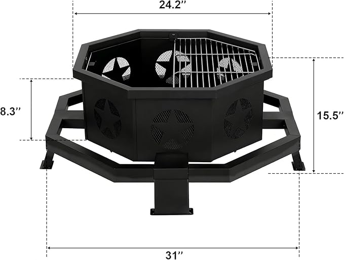 Hykolity 31 Inch Fire Pit Octagonal Outdoor Fire Pit 2 in 1 Wood Burning Fire Pits with Cooking Grill Smokeless FirePit for Outside Bonfire Patio Backyard Camping