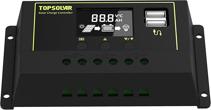TOPSOLAR 20A 12V/24V PWM Solar Charger Controller w/ LCD Display for AGM Gel LiFePO₄ and Flooded Battery.