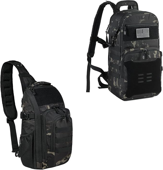 DBTAC Tactical Large Shoulder Chest Pack with Sling + Tactical Lunch Backpack (Charcoal Camo)