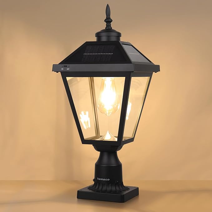 Kemeco Solar Post Light ST4334Q Vintage Dusk to Dawn Outdoor Bright LED Solar Powered Lamp for Pole Pillar Yard Gates Pathway (Lamp with Base)