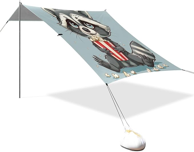 ALAZA Cute Raccoon Popcorn Cartoon Beach Tent Sun Shelter UPF50+ Protection Beach Shade Canopy w/ 4 Sandbags for Outdoor Camping Fishing Backyard Fun Picnic 10x9 ft