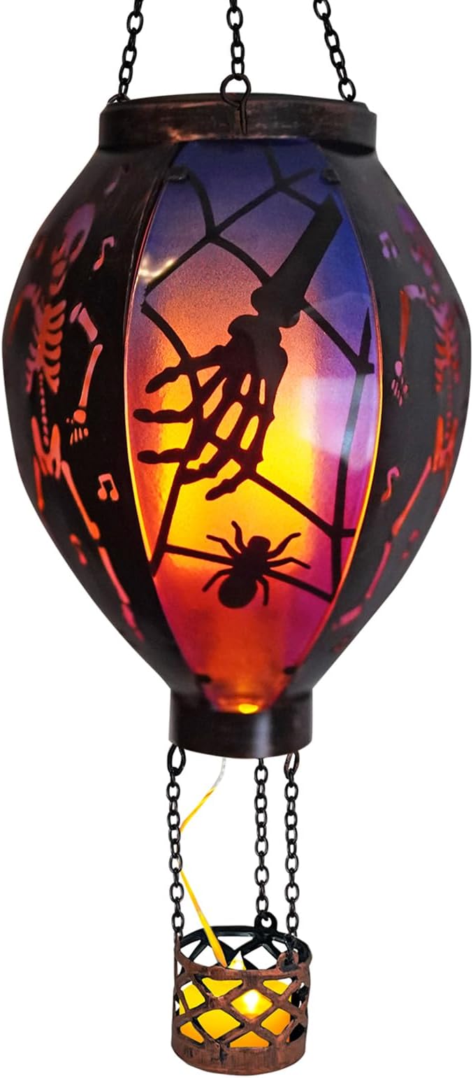 Halloween Outdoor Decorations Hot Air Balloon Solar Lantern with Flickering Flame Hanging Outdoor Lanterns with Skull Pattern Hollowed-Out Design Halloween Party Decor for Garden Patio (Halloween)