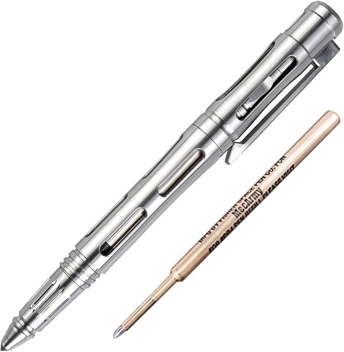 MecArmy TPX33 Titanium Tactical Pen with Tungsten Steel Glass Breaker for Self-Defence Anti-roll concave-convex shell with Comfortable grip for Writing Refill Pocket Clip included (Titanium Silver)