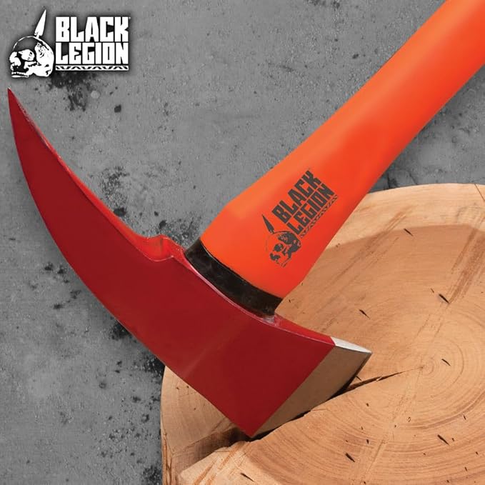 Black Legion Firefighter Axe | All-Stainless Steel Construction | Striking Red Axe Head | No-Slip Rubberized Handle | 4 Blade | 23 1/2 Overall