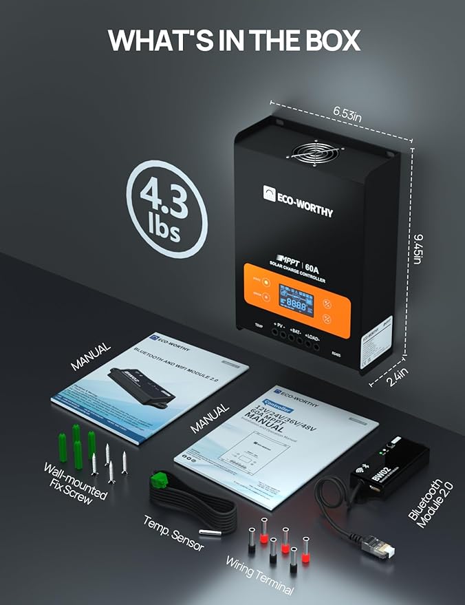 ECO-WORTHY 60A MPPT Solar Charge Controller with Bluetooth&ampWiFi Max PV Input 150V12/24/36/48V Solar Panel Regulator for Lead-Acid/Lifepo4 Battery in Solar System RV