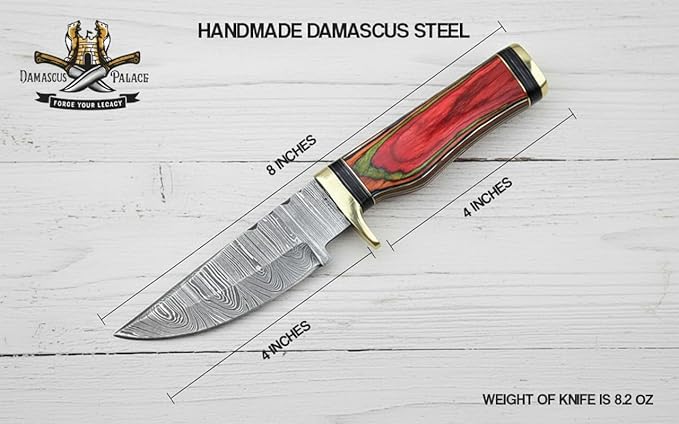 8-Inch Hand-Forged Damascus Steel Hunting Knife Fixed Blade Skinning Design with Leather Sheath Multicolor Wood Handle Brass Guard Twist Pattern Blade for Camping (Red/Green)