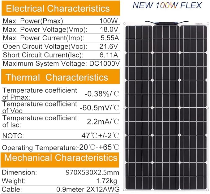 Solar Panel 12V Flexible 100W SolarPanel Monocrystalline Solar 12V Ultralight Slim Waterproof for RV Rooftop Boat (100W)