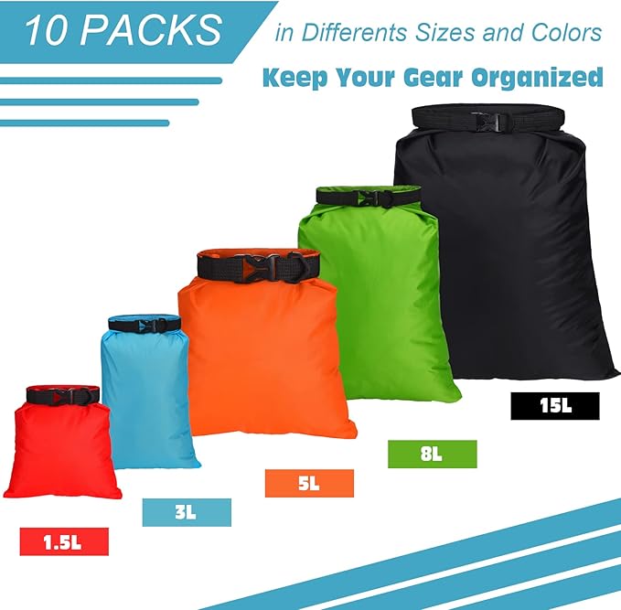 LEIFIDE 10 Pcs Ultralight Dry Bags Waterproof Lightweight Airtight Bags Ripstop Camping Gear Dry Sack Portable Roll Top Dry Pack for Backpacking Kayaking Hiking Swimming Boating Outdoor 5 Sizes