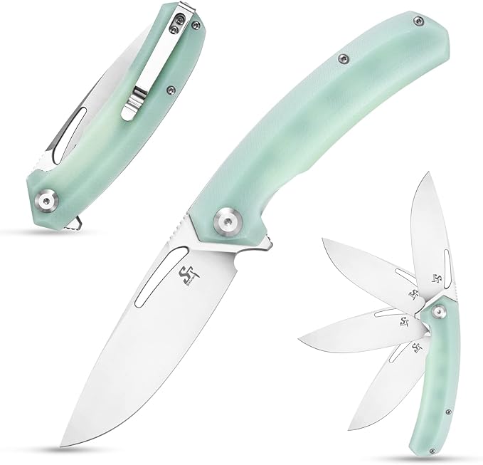 Sitivien ST119 Folding Knife D2 Steel Blade and G10 Handle EDC Tool Knife with Pocket Clip for Outdoor Camping Hiking Survival(Jade)